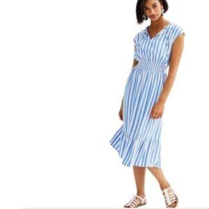 Sonoma Womens Smocked Waist Midi Dress in White River Stripe Pockets XS New